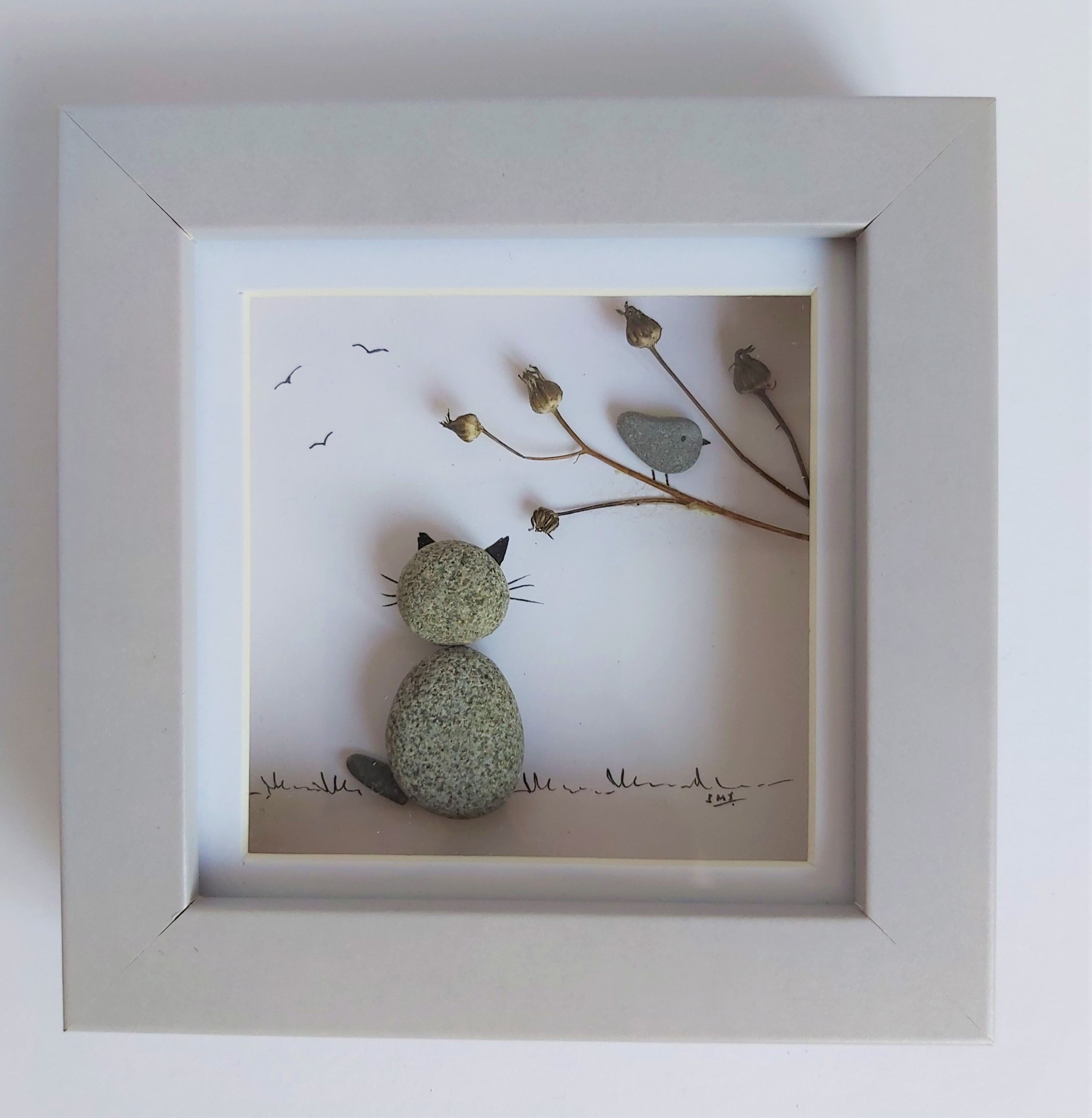 Cat with Bird in a Tree Pebble Picture - 12cms